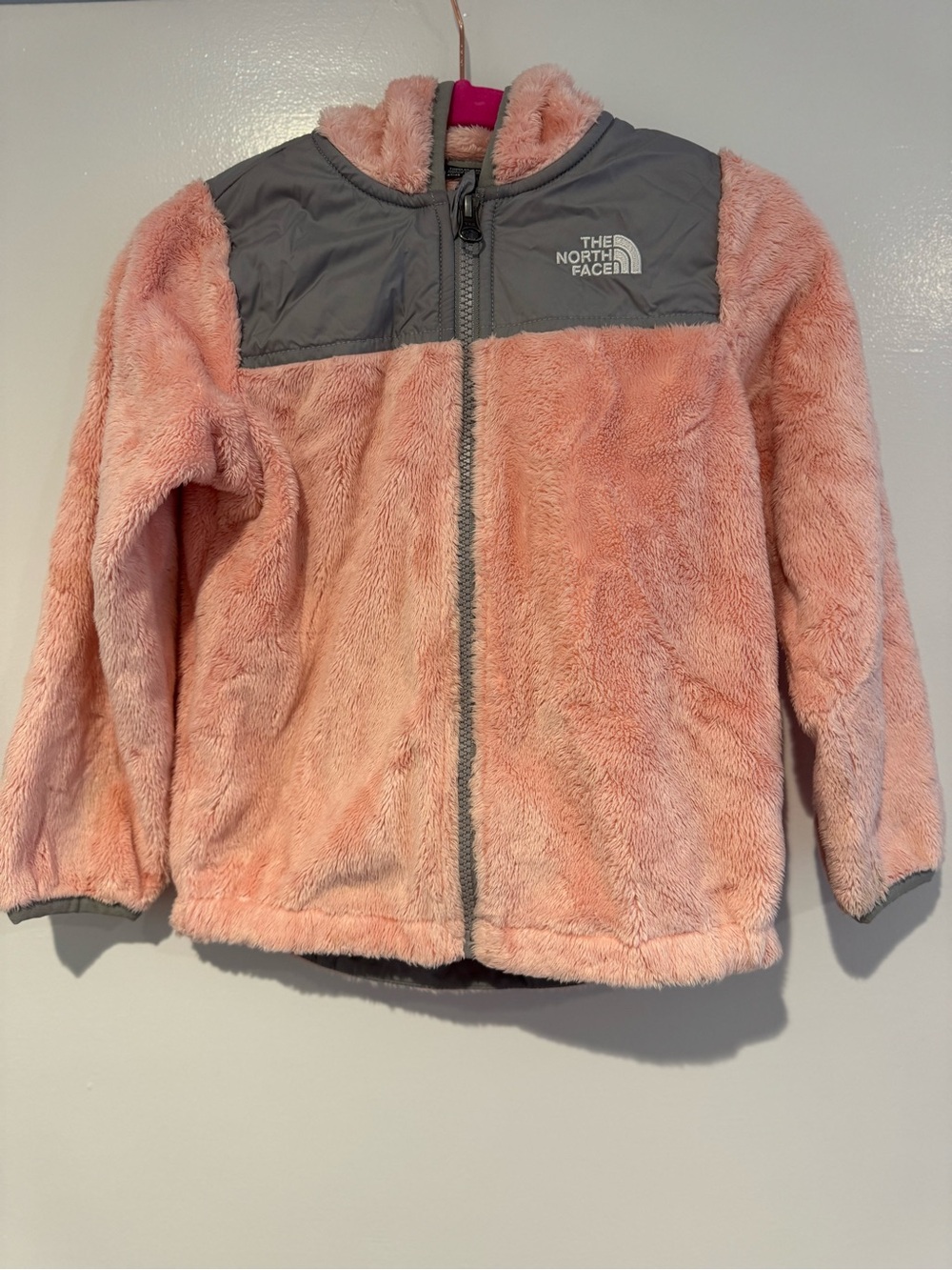 The North Face Kids Pink Faux-Fur Full-Zip Fleece Jacket with Gray Yoke 4T